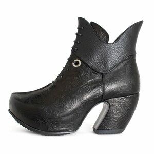John Fluevog Prepare Mask Ankle Boot Black Emboss Leather